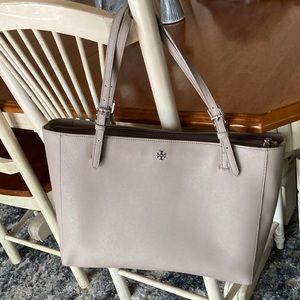 Tory Burch handbag, greyish taupe color with silver hardware.